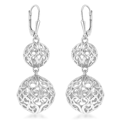 Image of TRUESILVER ACPL 925 Sterling Silver BIS Hallmarked Filigree Ball Leverback Drop Dangle Earrings for Women