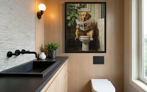 Image of Labrador Retriever on Toilet Black Framed Wall Art Print Poster, Dog Bathroom Humor Decor Posters Prints for Restroom Home Picture Painting Artwork Gallery 7 (Labrador Retriever, 20 inchL x 16 inchW, Black Frame)