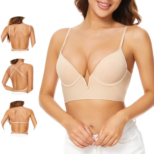 Low Back Bras-Seamless Deep-V Plunge Invisible Backless Bra-Lightly Lined Underwire Halter Multiway Low Cut Bra2