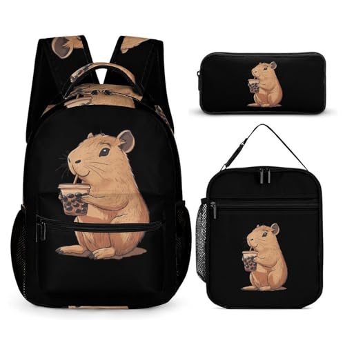 Capybara Enjoying Bubble Tea Cute Backpacks Set Lightweight Lunch Bag Aesthetic Pencil Cases for Travel Work