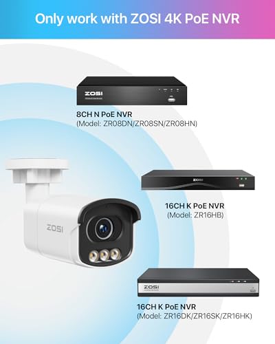Image of ZOSI C186 4K Add on PoE Security Camera,True Color Night Vision,8MP Outdoor Indoor CCTV,Aurora Lux,Person /Vehicle Detection,2-Way Audio,Spotlight Siren(Only Compatible Same Brand 4K PoE NVR)