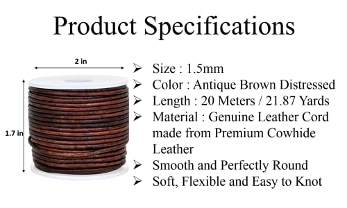 GENIQUE Real/Genuine Round Leather Cord for Jewelry Making, Leather String for Necklace, Bracelets, Braiding (1.5mm, Antique Brown Distressed)