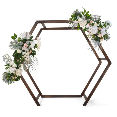 VINGLI Wooden Wedding 7FT Arbor Arch for Ceremony Heptagonal Photo Backdrop Stand Parties Garden Decorations Backyard Wood color (WARCH2)