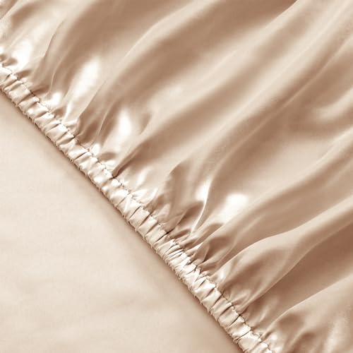 Image of SiinvdaBZX 3-Piece Set Satin King Fitted Sheet & 2 Pillowcase, Beige Silky Soft Fitted Bottom Sheet, Wrinkle Free, Fade Resistant, Deep Pocket Bed Sheet (Deep Up to 15 inch)