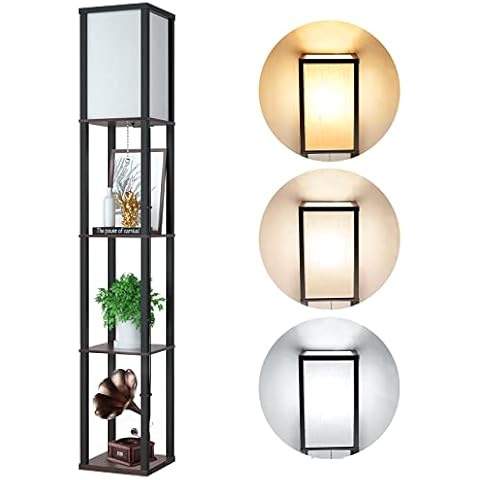 Lámpara de Pie Madera con Estante y Bombilla LED Cover