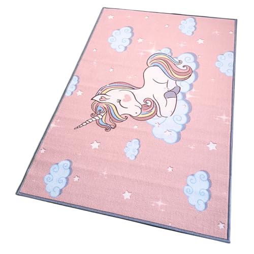 Image of Matz&More Kids Play Area Rug | 100x150 cm | Pink Little Unicorn Sky Design | Soft Nylon Loop Pile Carpet with Anti-Slip Backing | Children's Play, Bed & Classroom Floorings