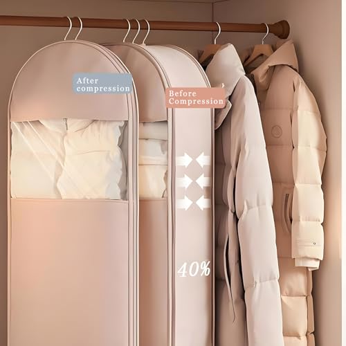 Space Saving Hanging Garment Bag with Self Compression Zipper, Otherwise Travel Clothes Bags for Down Coat Storage, Protector Dust Cover Closet Organizers (Beige, L)3