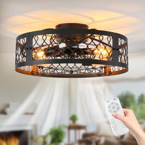 Image of Garwarm 19.6in Caged Ceiling Fan with Light, Bladeless Black Fandelier Ceiling Fans with Lights, Industrial Farmhouse Samll Fan Lights Ceiling Fixtures for Kitchen, Bedroom（6 Speed, Timing）-Black