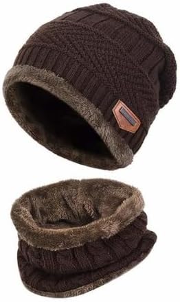 Unisex Winter Beanie Hat Ski Cap And Neck Warmer One Size Brown
