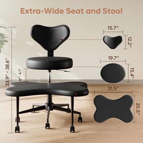 Pinmoco Ergonomic Cross Legged Chair, 360° Swivel Meditation Chair with Wheels, Height Adjustable Seat for ADHD, Strong Lumbar Support, Chic Home Office Furniture, PU Leather, Black image 2