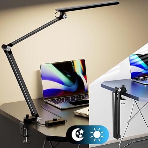 Reifeiniwei Desk Lamp with Clamp-1000 Lumens,Knob Stepless Adjusts Brightness&8 Color Eye Caring LED Light,Clip on Table Lamps with Timmer&Memory Function&Adjustable Swing Arm for Home Office-Black Cover