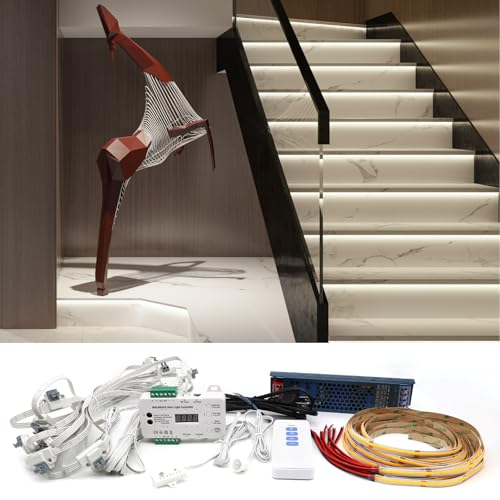 Image of Intelligent Motion Sensor LED Stair Light Kit with Main Wire& Daylight Sensor, Step by Step Control 47.2 Inches Cuttable LED Strip Lights Indoor with Remote (16 Stairs,4000K)