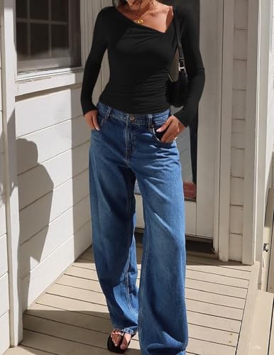 ZESICA Women's Long Sleeve Asymmetrical Neck Ruched Slim Fit Shirts 2025 Fall Fashion Casual Tee Going Out Tops4