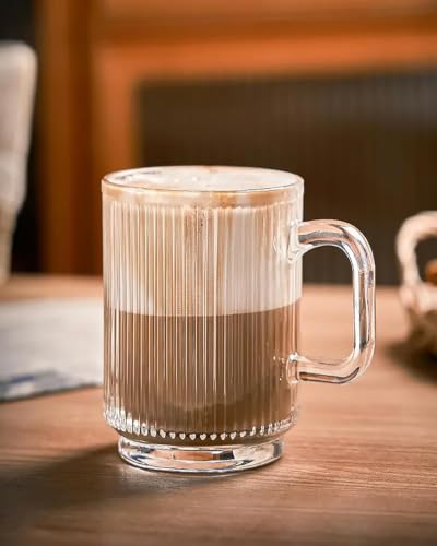 Image of 385 ML Glass Coffee Mug Set, with Convenient Handle, Tea Glasses for Hot /Cold Beverages, Thermal Shock Resistant, Tempered Glass, Mugs for Cappuccino Pack of 4 (PN - 03, 4 Count (Pack of 1))