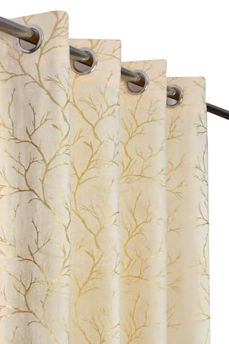 Waco Creation Foil Leaf Printed Velvet Blackout Window Curtains 6 Feet Long Set of 2 | Grommet Room Darkening Drapes Curtains for Living Room Office & Home Decor (4 X 6 Feet) - Cream