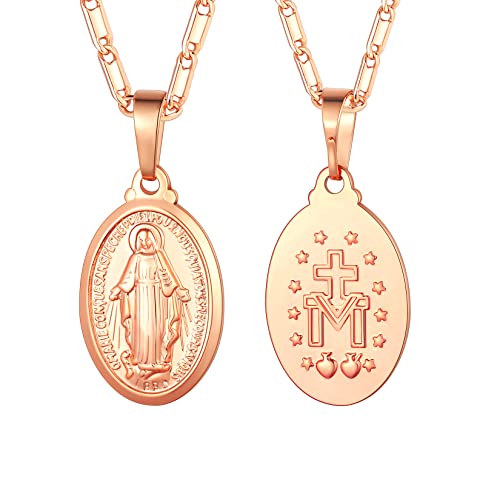 U7 Virgin Mary Necklace for Women,18K Gold Plated/Sterling Silver Oval Miraculous Medal Virgin Mary Pendant Necklace 05.Virgin Mary-Rose Gold