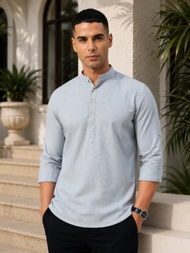 Image of Majestic Man Men's Pure Cotton Solid Mandarin Collar Slim Fit Roll-Up Sleeves Short Kurta Lightweight Summer Kurta for Daily & Occasion Use