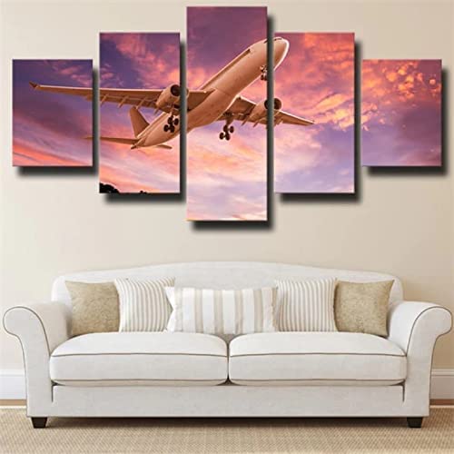 Impression Sur Toile Cinq Tableaux Consécutifs Décoration De Maison Moderne Peinture 5 Panneaux Abstraits Modulaire Poster Avion Rose Coucher De Soleil Sans...