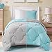 Comfort Spaces – Vixie Reversible Down Alternative Comforter Mini Set - 2 Piece – Aqua and Grey – Stitched Geometrical Pattern – Twin/Twin XL size, includes 1 Comforter, 1 Sham
