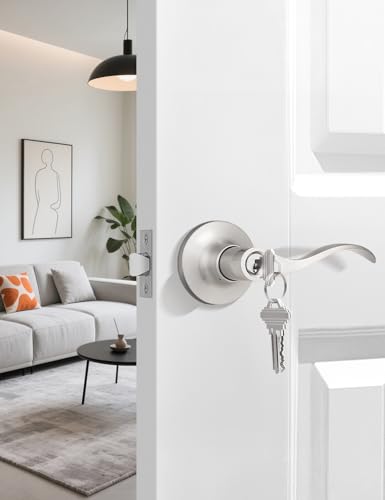 Image of Mengico 4 Pack Keyed Entry Door Lever Lock for Exterior Door Handleset, Entrance Door Handles Lockset in Satin Nickel Each with 3 Same Keys