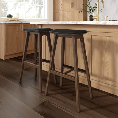 Plank+Beam Beryl Bar Height Stool - Mid-Century Modern Rubberwood Bar Stool with Faux Leather Seat, Metal Footrest, Easy Assembly, 2-Pack, Walnut/Black