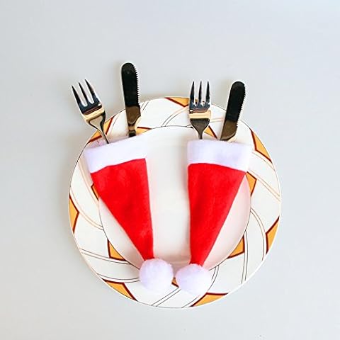 SIRIGOGO Xmas Knife and Fork Bags, 10PCS Christmas Caps Cutlery Holder Fork Spoon Pocket Christmas Decor Bag Home Dinning Room Xmas Party Table Decoration Set Christmas Table Dinner Supplies Cover