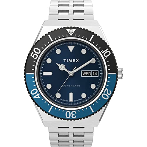 Image of TIMEX Q Analog Watch for Man with Blue Round Dial & Silver Stainless Steel Bracelet Band Water Resistant Men's Wrist Watches - TW2V25100