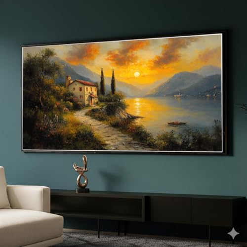 Art de paysage rustique et tableau de coucher de soleil sur un lac pour décoration murale