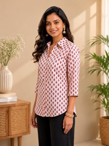 Image of Pure Cotton Long Hemline Shirt for Women Beautiful Printed Collared Neck Casual Western Shirt Top Formal Office Wear