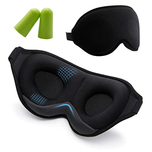 Antifaz para Dormir, Espuma Viscoelástica, Con Tapones para Oídos y Neceser, Antifaz Viaje, 100% Opaco, Muy Cómodo, Ajustable, Diseño 3D Cover