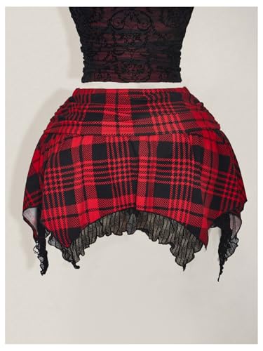 Verdusa Women's Plus Size Y2K Plaid Lace Mini Skirt Rave Club Ruched Flowy Summer Skirts2