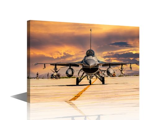 Toile murale – Impressions sur toile de peintures à thème avion de chasse F16 – Œuvre d'art moderne tendue et encadrée, prête à être accrochée pour...