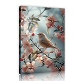 春の桃の花キャンバスウォールアート花の鳥のデザイン自然の風景キャンバスプリントリビングルーム寝室の美的65x98cmインナーフレームのための家の装飾