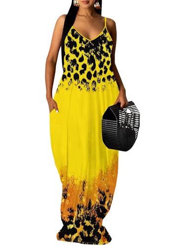 Image of Women's Summer Maxi Dress Spaghetti Strap Floral Boho Beach Long Sundress with Pockets