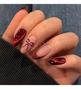 yefiuo Valentine Press on Nails Short Almond Red French Fake Nails Press ons Cat's Eye Bow False ...