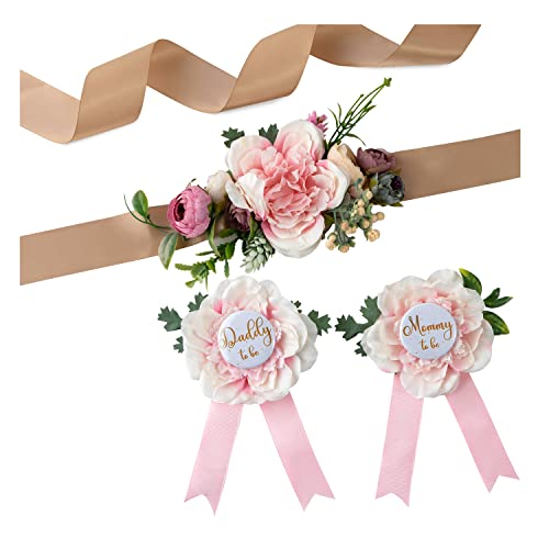 Vemonllas Maternity Sash Kit Mom to Be Daddy to Be Corsage Pins Baby Shower Decorations Belly Belt...