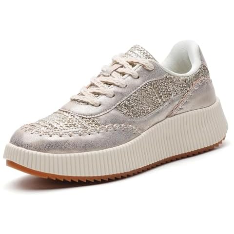 Meidiastra Women's Platform Fashion Sneakers Casual Chunky Low Top City Walking Shoes Lace UP Dolen Sneaker 2024 Orthopedic Walking Shoes with Plantar Fasciitis Gold 37 Cover