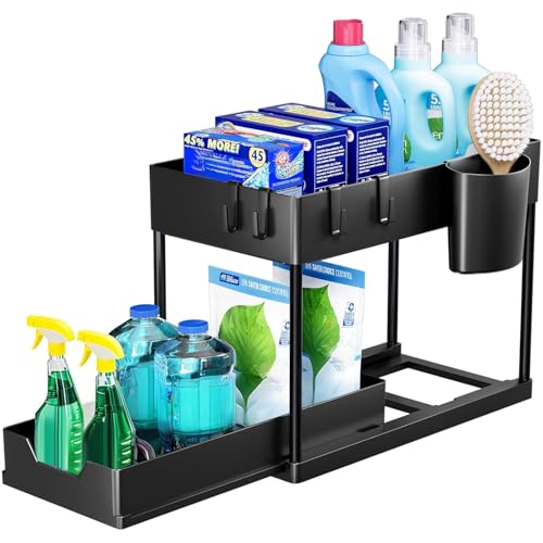 Image of E-COSMOS 2-Tier Under Sink Organizer - Pull Out Cabinet Storage with Hooks & Hanging Cup, Multi-Purpose Under Bathroom Sink Organizer and Storage, Kitchen Cabinet Organizer,(Black)