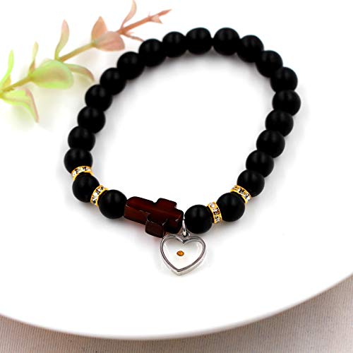 Image of Uloveido Black Agate Side Cross Bracelet Mustard Seed Charms, Personalized Letter A-Z Tiger's Eye Bangle Y944