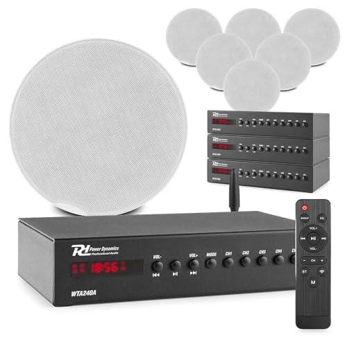 Power Dynamics   Pack de 8 Altavoces 120W de Techo, 4 amplificadores WiFi/Bluetooth para 4 Zonas o Habitaciones, Sonido multisala HiFi, Control por App, Radio por Internet y cableado Incluido