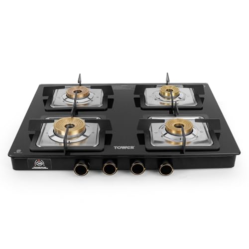 Image of Tower Gas Stove 4 Burner Glass Brass Valves Lpg Black