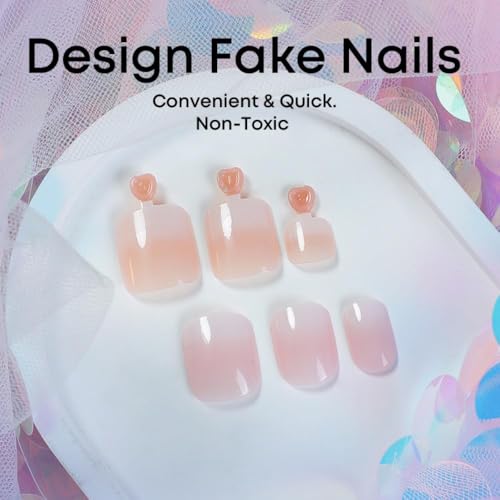 Image of 48 Pcs Ombre Press on Nails & Press on Toenails Set Short Square False Nail Glossy Full Cover Fake Nails Pink White Glue on Nail Artificial Acrylic Stick on Toe Nail for Women Summer Manicure