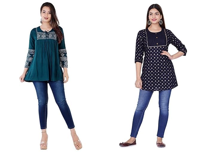 Image of Shiva Fab Short Kurti for Women | Embroidered Straight Rayon Kurta | Round Neck Full Sleeves Short Kurti for Women's Combo Pack of 2