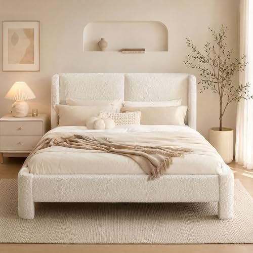 Image of LIKIMIO Full Bed Frame with USB Ports & Wingback Headboard, Cream White | Boucle Upholstered Platform Bed, Sturdy Slat Frame, No Box Spring Needed, Fits Living Room and Apartment.