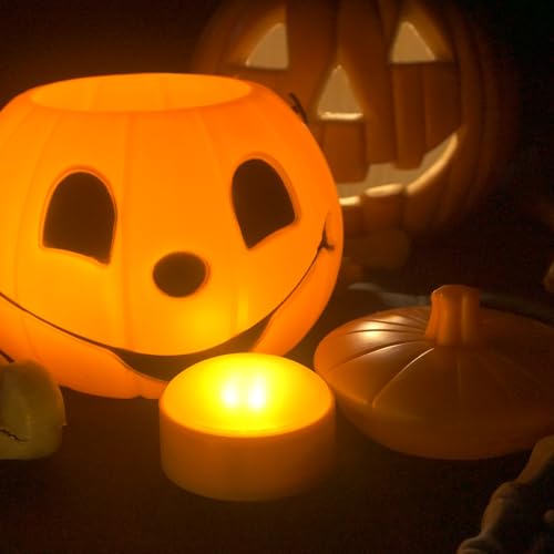 Image of CANDLE CHOICE Halloween LED Pumpkin Lights with Remote Timers Battery Operated Jack-O-Lantern Lights Bright Flickering Flameless Electric Candles for Halloween Decorations Gifts Orange Color 8 Pack