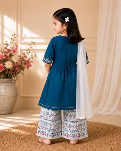 Image of Girls Embroidered Printed Kurta with Printed Palazzo Set, Ethnic Wear, 3-Piece