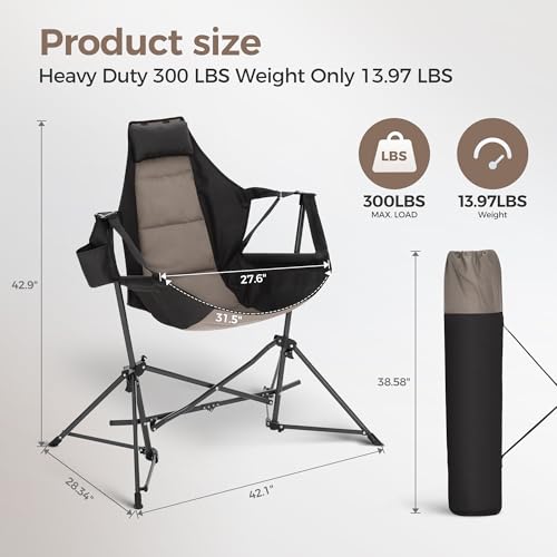 ALPHA CAMP Hammock Folding Rocking Chair with Cup Drink Holder, High Back Padded Swinging Chair for Outdoor,Camping, Lawn,Backyard,Picnic, Steel, Heavy Duty Portable Oversized(Black)