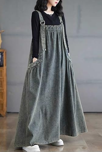 Image of Women's Casual Loose Denim Dress Sleeveless Adjustable Straps Denim Jumper Dress with Pockets
