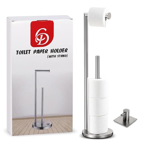 CD Toilet Roll Holder Free Standing Stainless Steel – Chrome Finish Toilet Paper Holder Stand with Heavy Stable Base, Rustproof & Easy Assembly, Silver (with Additional Wall Hook)