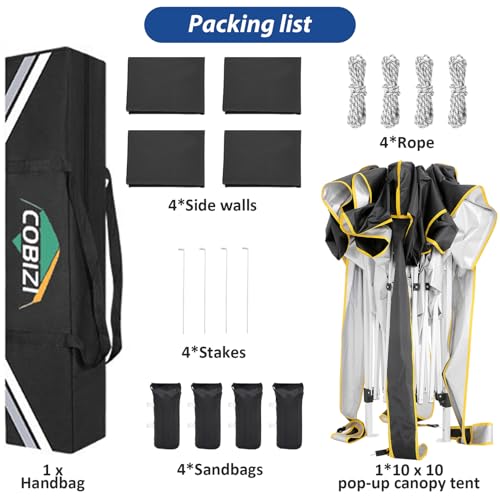 COBIZI 10x10 Pop Up Canopy with Sidewall, Commercial Canopy UPF 50+ Waterproof Outdoor Gazebo with Carry Bag, Tents for Parties with Upgrade Frame, 3 Height Adjustable, 4 sandbags, Black